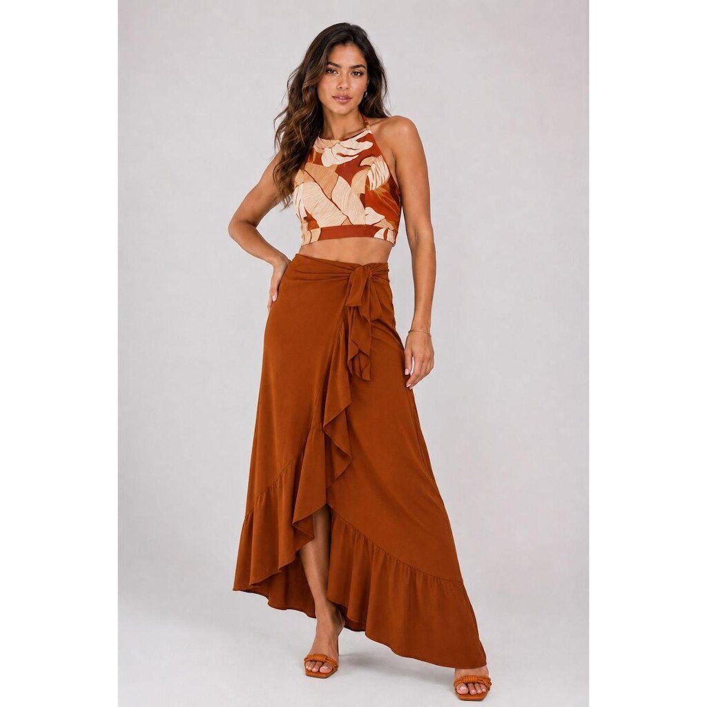 Saia Longa D Bell Outlet Fashion Babado com Fenda Terracota