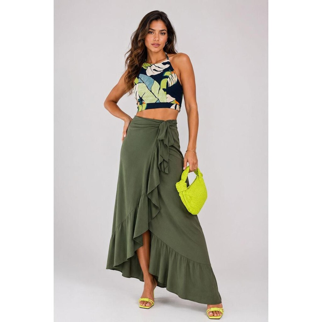 Saia Longa D Bell Outlet Fashion Babado com Fenda Verde