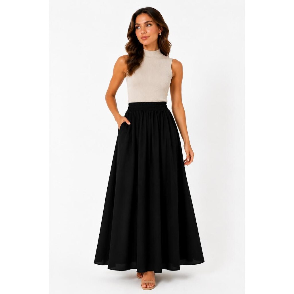 Saia Longa D Bell Outlet Fashion Elegante Com Bolsos Preto