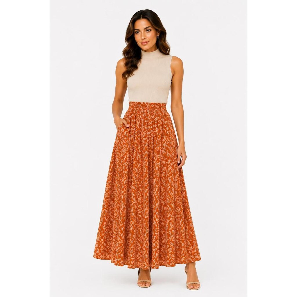 Saia Longa D Bell Outlet Fashion Estampa Floral Laranja e Bege