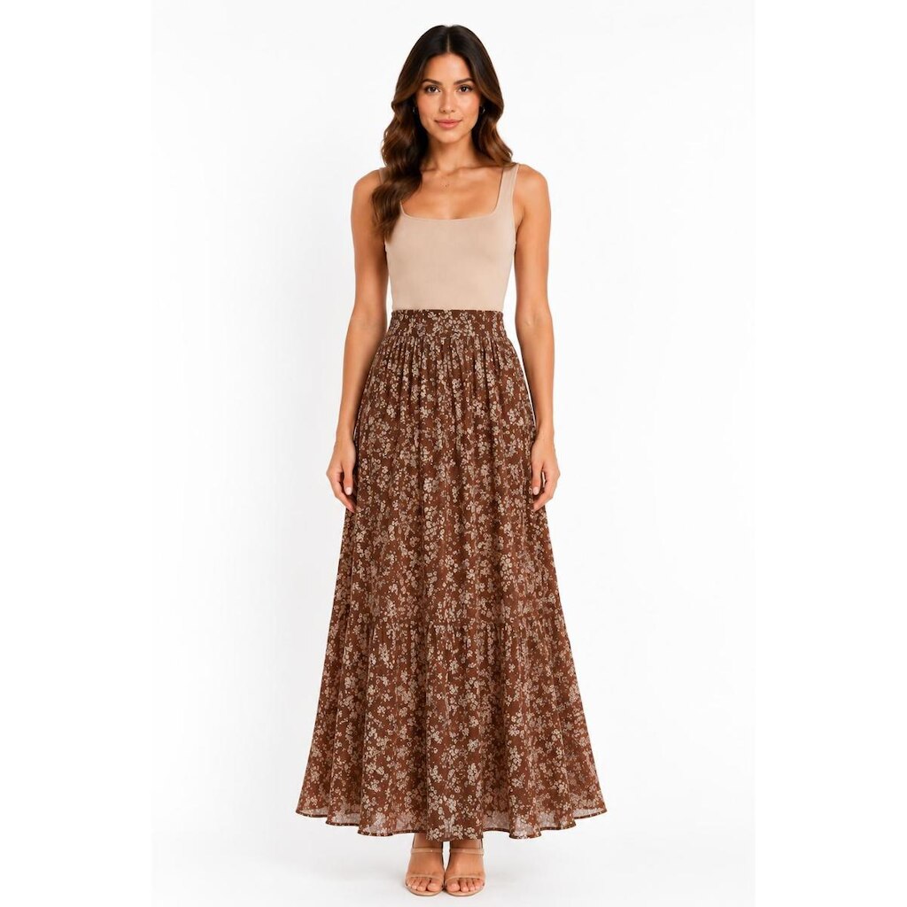 Saia Longa D Bell Outlet Fashion Estampa Floral Marrom e Bege