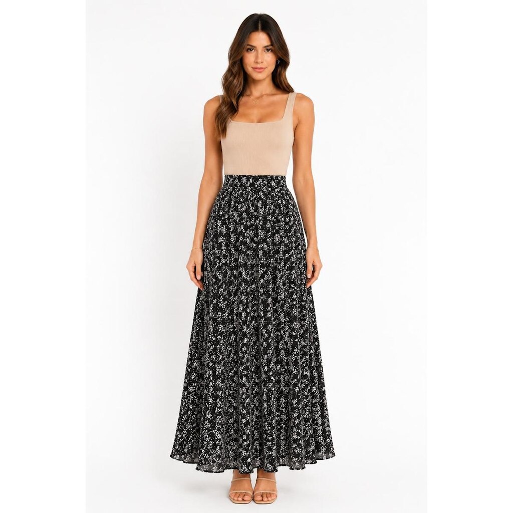Saia Longa D Bell Outlet Fashion Estampa Floral Preto e Branco