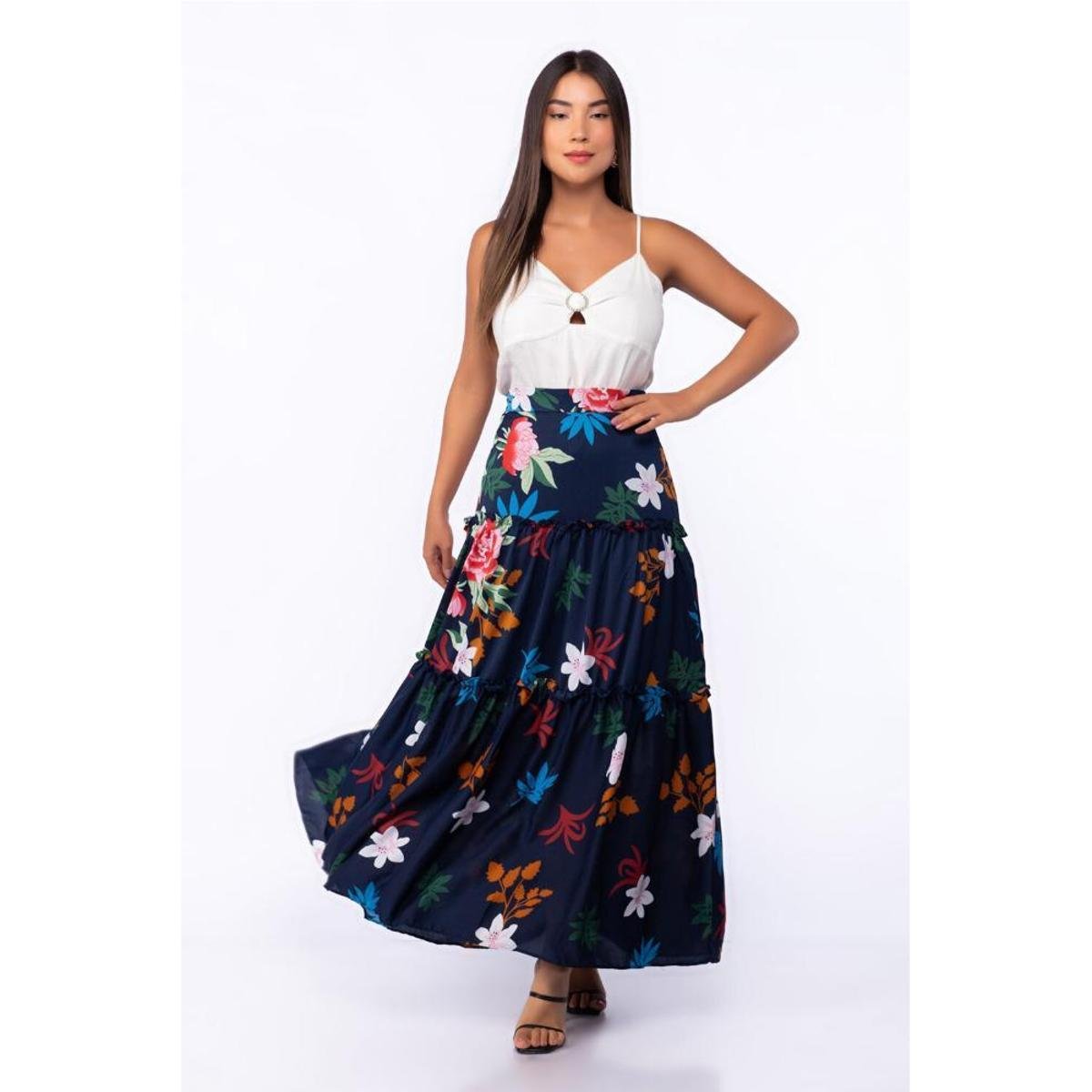 Saia longa estampada babado 3 marias - Azul é ruim? Saia longa estampada babado 3 marias - Azul é boa?