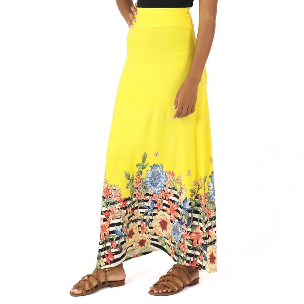 Saia Longa Feminina Estampada Florida Cós Alto Viscolycra - Amarelo+Preto Menor preço em Saia Longa Feminina Estampada Florida Cós Alto Viscolycra - Amarelo+Preto