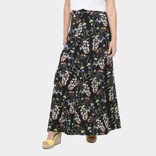 Saia Longa Forwhy Evasê Estampada com Fenda - Preto