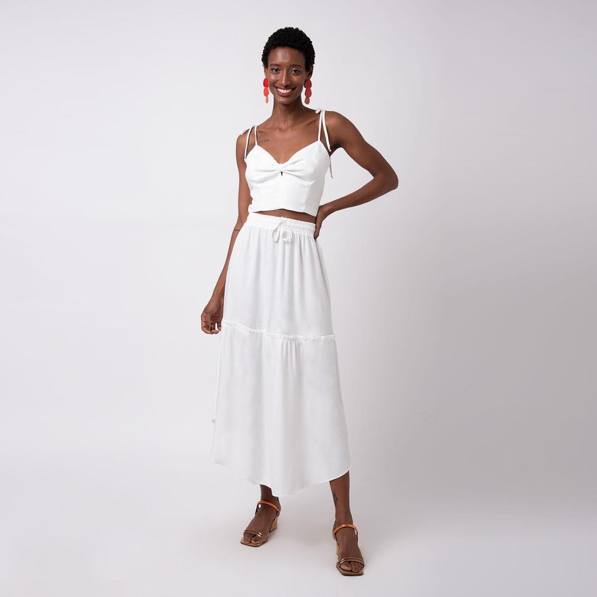 Saia Midi Barra Chanfrada Feminina - Branco Menor preço em Saia Midi Barra Chanfrada Feminina - Branco