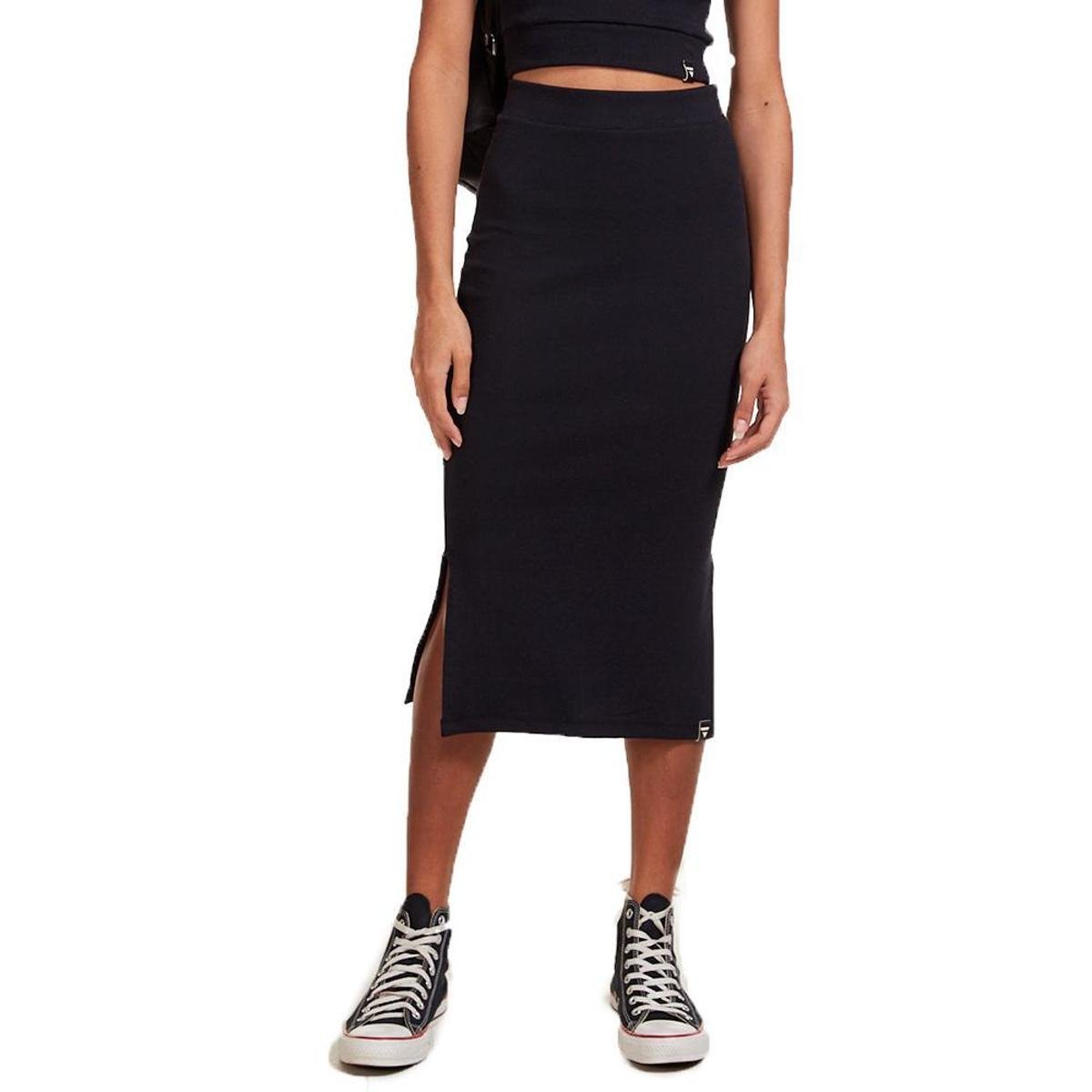 Saia Midi Brohood Fenda Canelada Preto - Preto+Bege Menor preço em Saia Midi Brohood Fenda Canelada Preto - Preto+Bege