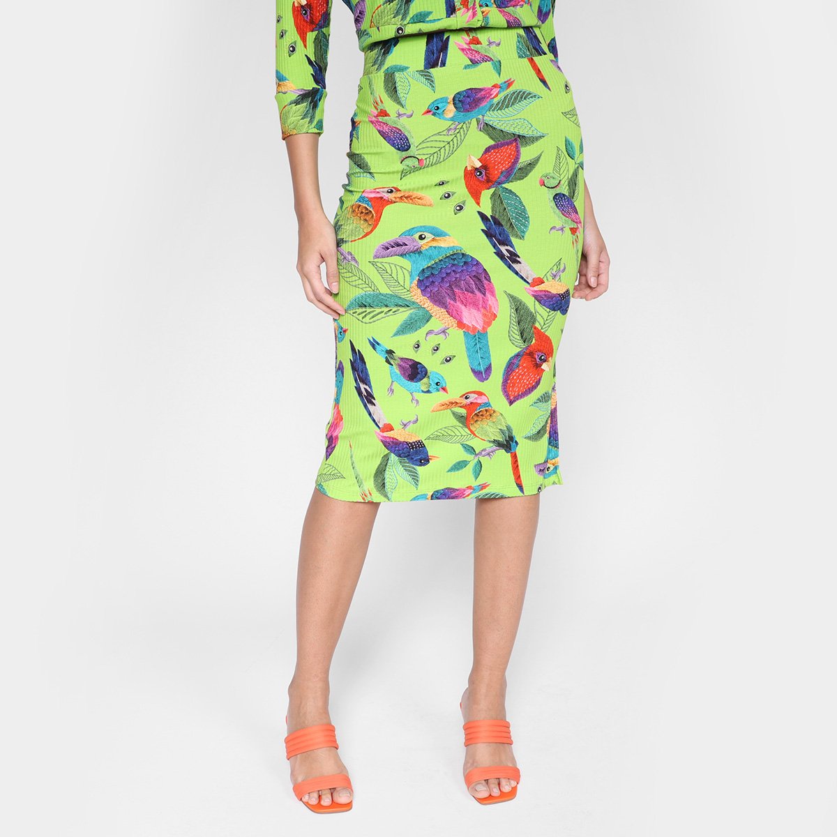 Saia Midi Colcci Pássaros Cintura Alta Feminina - Colorido Menor preço em Saia Midi Colcci Pássaros Cintura Alta Feminina - Colorido