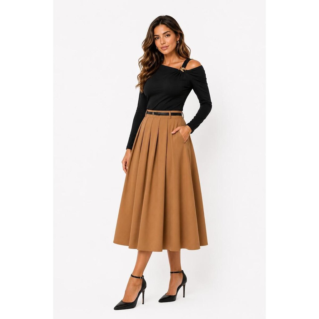 Saia Midi D Bell Outlet Fashion Evasê Com Pregas Caramelo