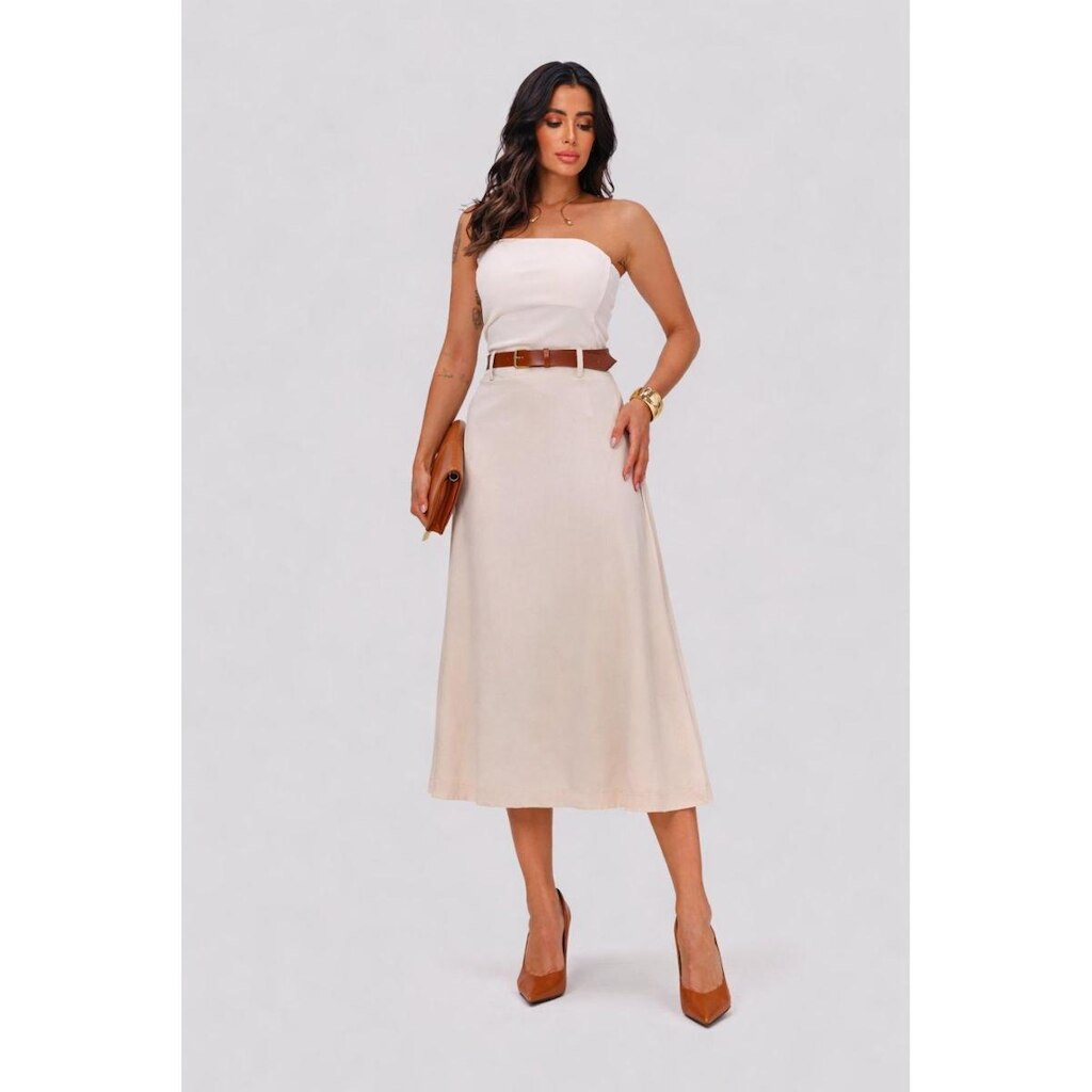 Saia Midi D Bell Outlet Fashion Linho Branco