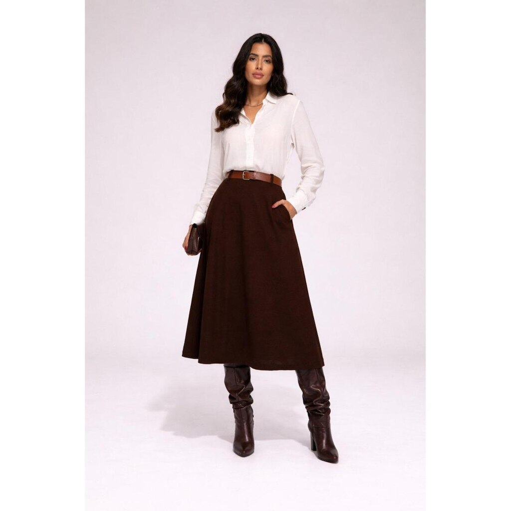 Saia Midi D Bell Outlet Fashion Linho Marrom