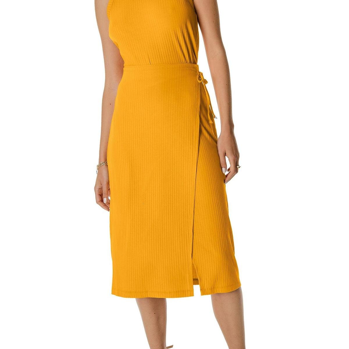 Saia Midi Envelope Com Transpasse Rovitex Amarelo - Amarelo Menor preço em Saia Midi Envelope Com Transpasse Rovitex Amarelo - Amarelo