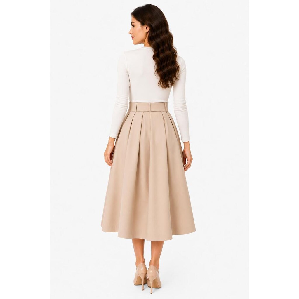 Saia Midi Evasê D Bell Outlet Fashion Cinto Encapado Bege