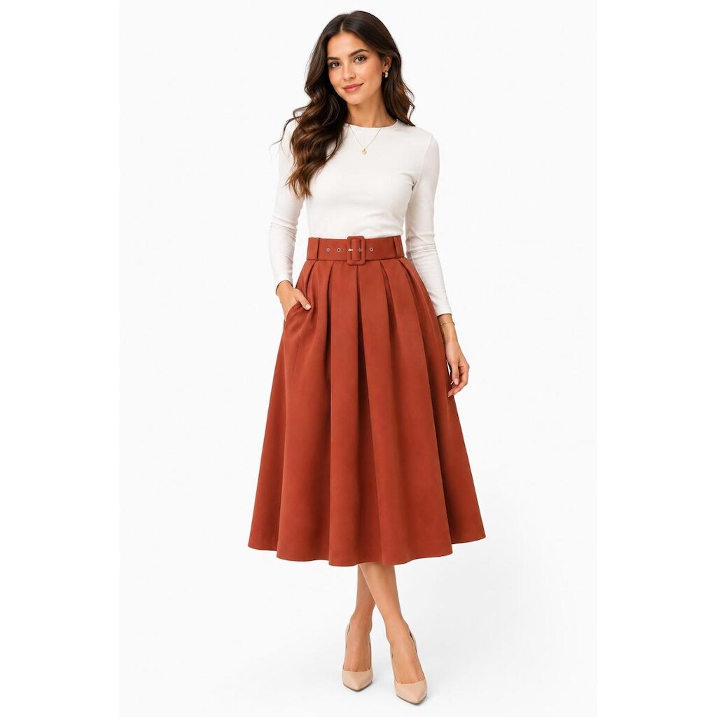 Saia Midi Evasê D Bell Outlet Fashion Cinto Encapado Caramelo