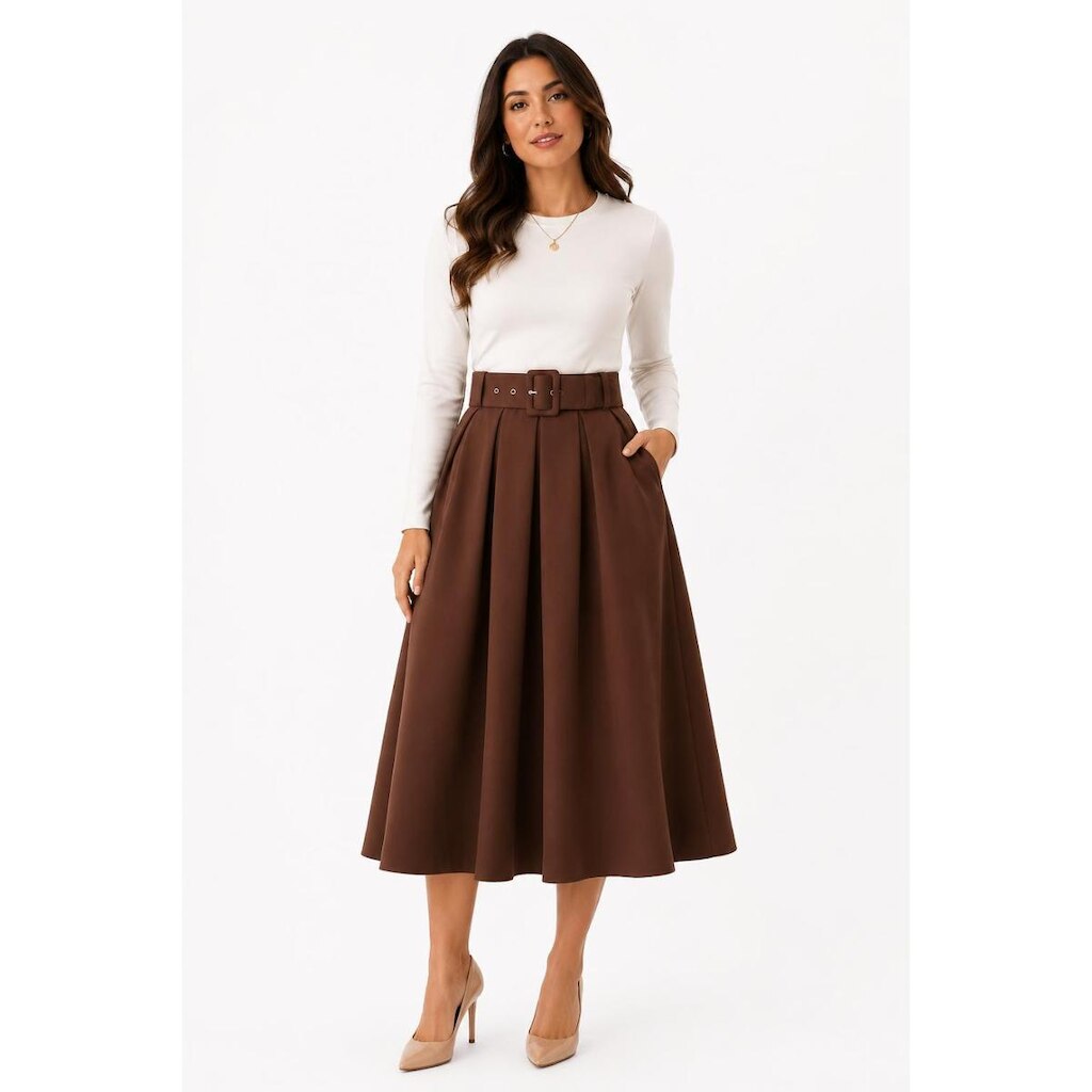 Saia Midi Evasê D Bell Outlet Fashion Cinto Encapado Marrom
