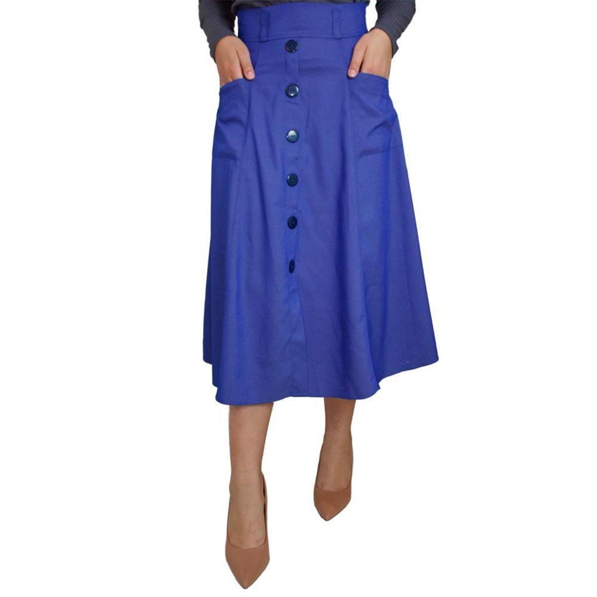 Saia Midi Feminina Botão Bolso Dia a Dia Estilo Confortável - Azul Menor preço em Saia Midi Feminina Botão Bolso Dia a Dia Estilo Confortável - Azul