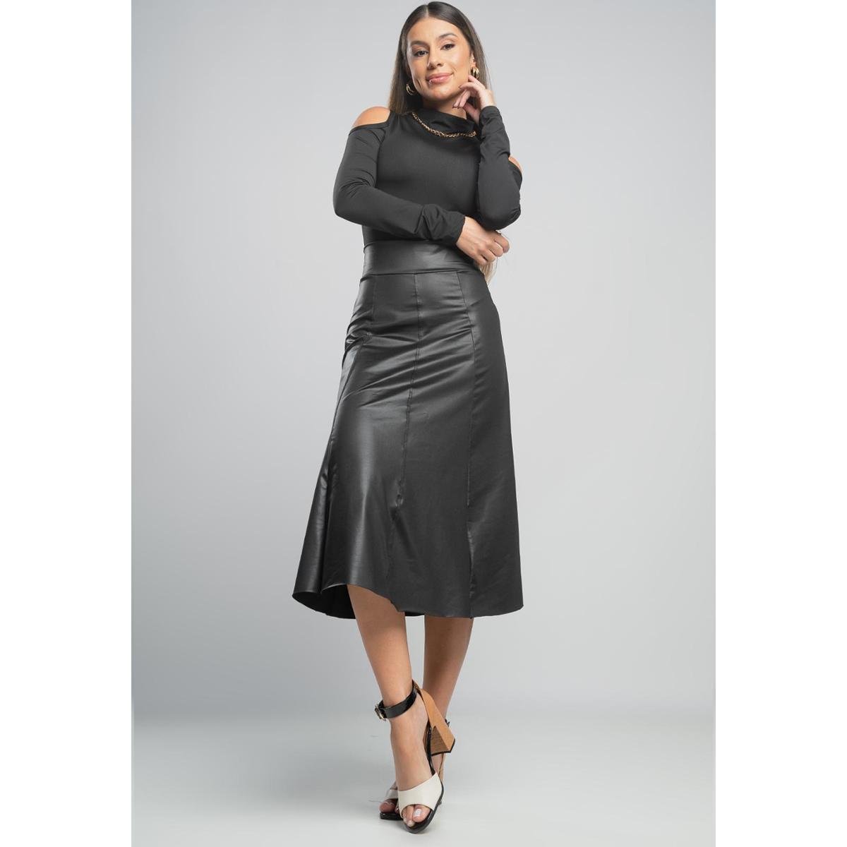 Saia Midi Feminina Cintura Alta Godê Rodada Cirrê Couro Fake MVB Modas - Preto Menor preço em Saia Midi Feminina Cintura Alta Godê Rodada Cirrê Couro Fake MVB Modas - Preto