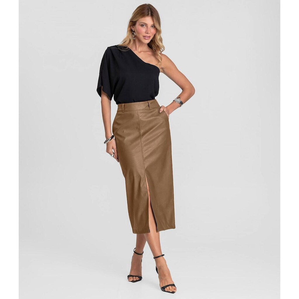 Saia Midi Feminina Courino Com Fenda Dianna Marrom