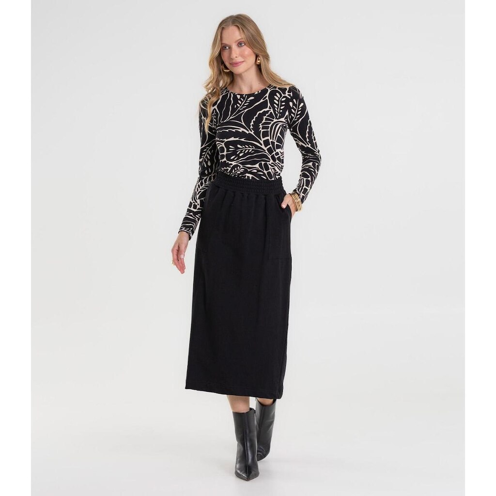 Saia Midi Feminina Em Molecotton Com Fenda Rovitex Preto