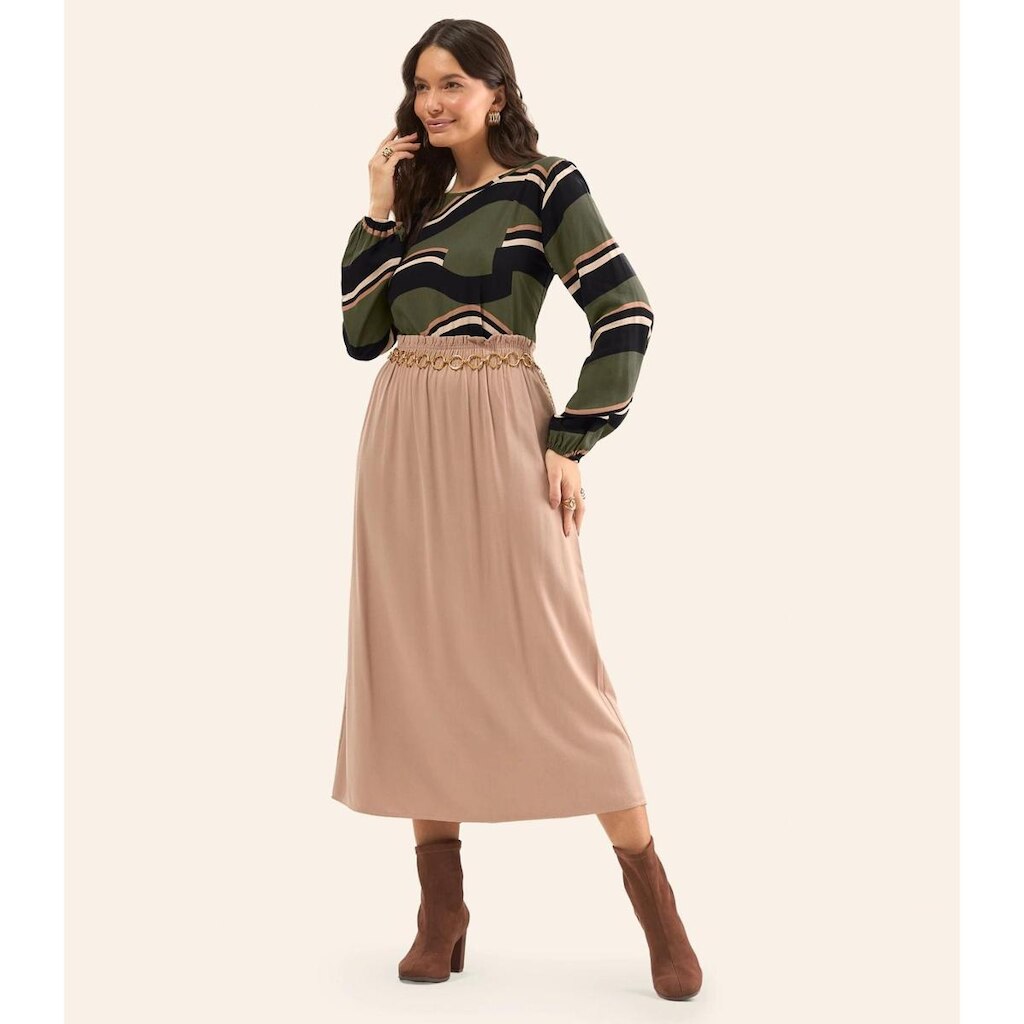Saia Midi Feminina Em Viscose Sarjada Rovitex Marrom