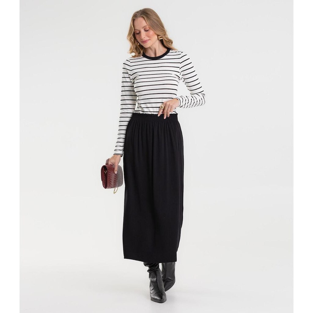 Saia Midi Feminina Em Viscose Sarjada Rovitex Preto