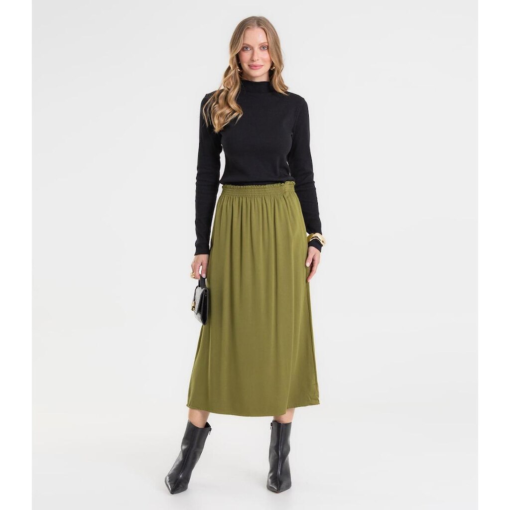 Saia Midi Feminina Em Viscose Sarjada Rovitex Verde