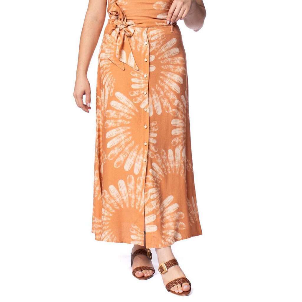 Saia Midi Feminina Endless Linho Estampada Laranja