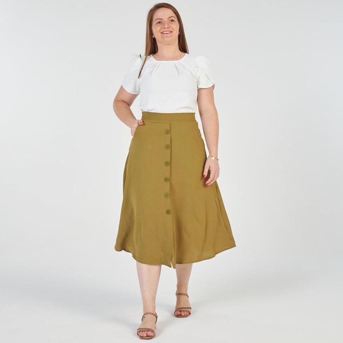 Saia Mídi Feminina Evasê Botões Casual Elástico Elegante - Vermelho Escuro Menor preço em Saia Mídi Feminina Evasê Botões Casual Elástico Elegante - Vermelho Escuro