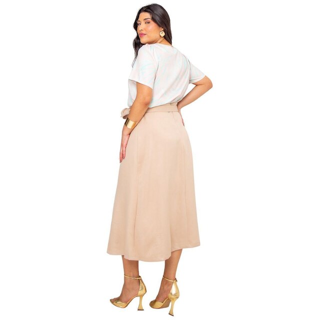 Saia Midi Feminina Plus Size com Cinto Fenda Frontal Botões em Linho com Elastano Elegante Casual