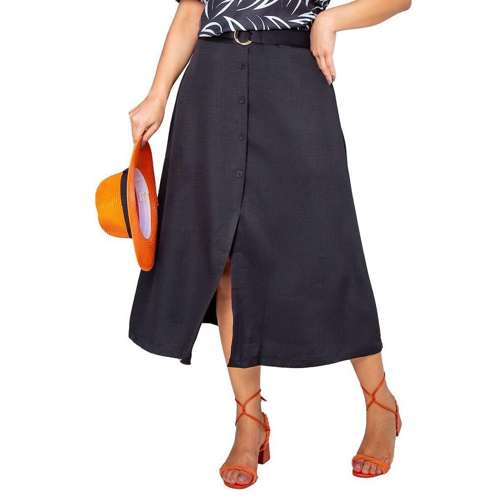 Saia Midi Feminina Plus Size com Cinto Fenda Frontal Botões em Linho com Elastano Elegante Casual