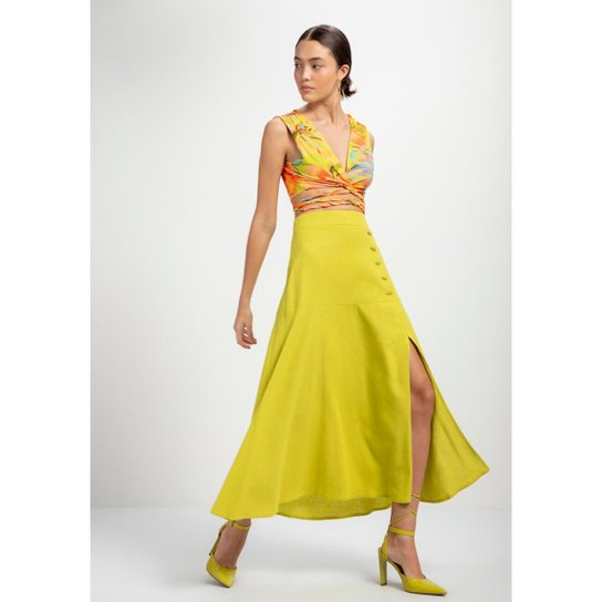 Saia Midi Godê em Linho com Fenda Zattini