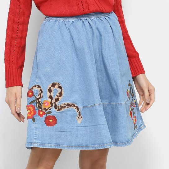 Saia Midi Jeans Forum Evasê Bordado Lateral - Azul