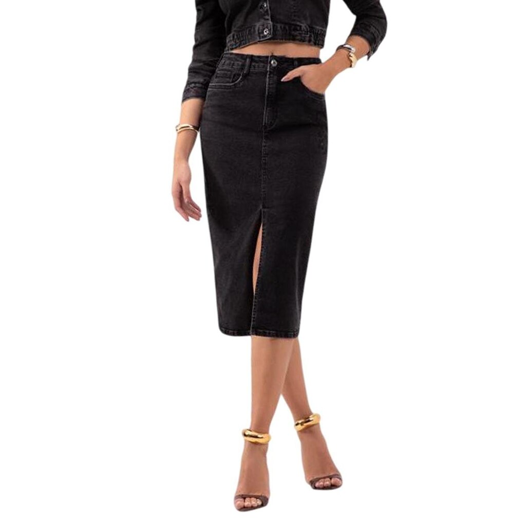 Saia Midi Lunender Jeans Com Fenda Preto Tam. 36