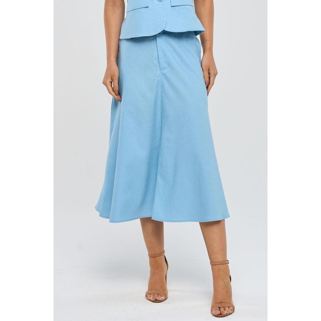 Saia Midi PKS Com Fenda Linho Azul
