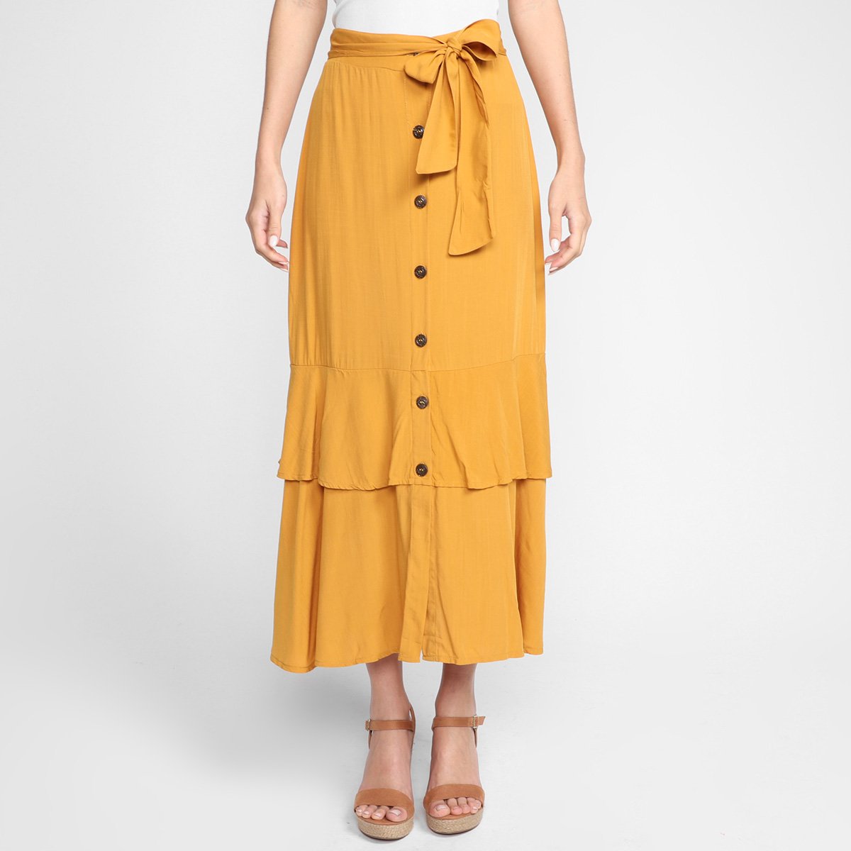 Saia Midi Road Mel Botões Amarração - Mostarda é ruim? Saia Midi Road Mel Botões Amarração - Mostarda é boa?