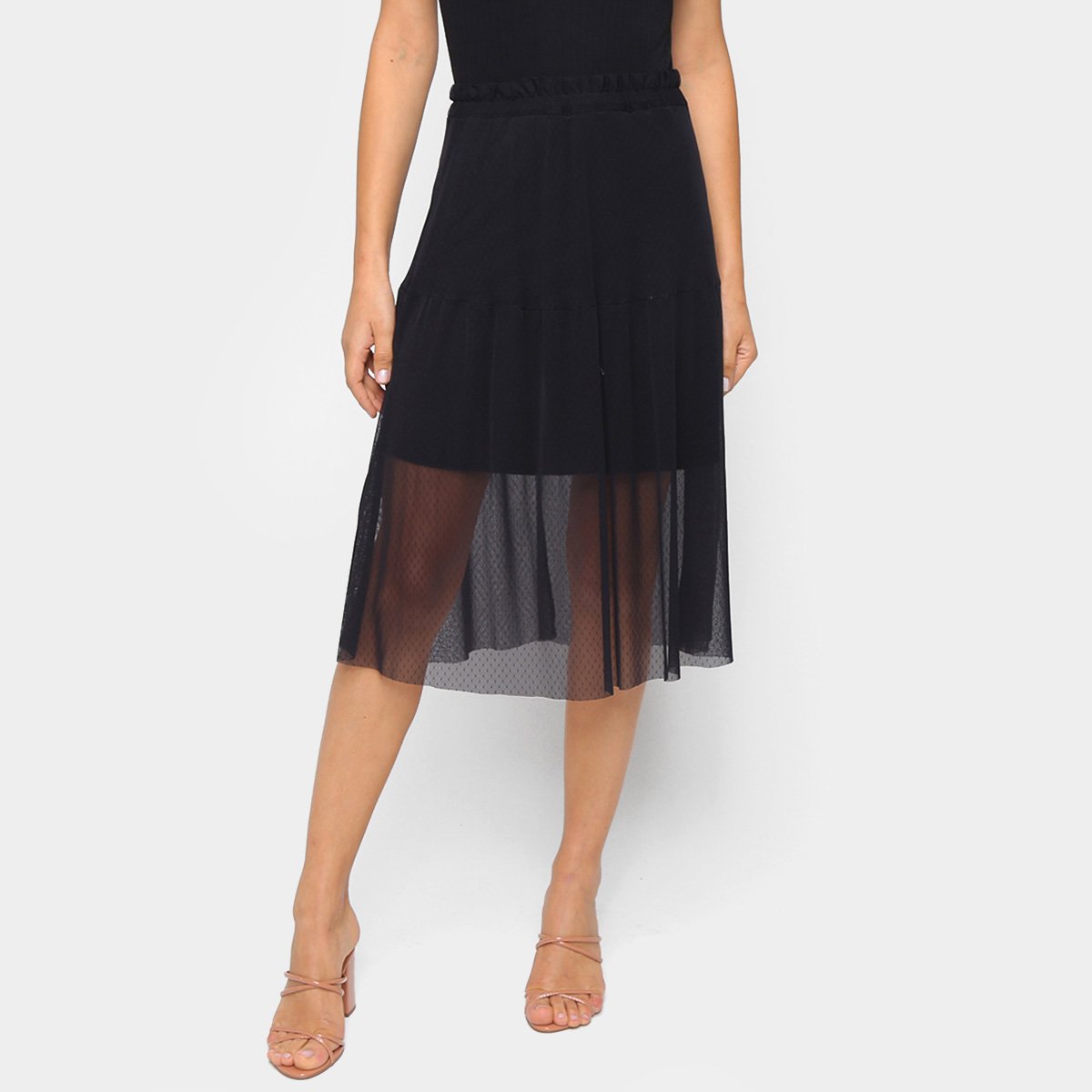 Saia Recoletta Evasê Tule Midi - Preto Menor preço em Saia Recoletta Evasê Tule Midi - Preto