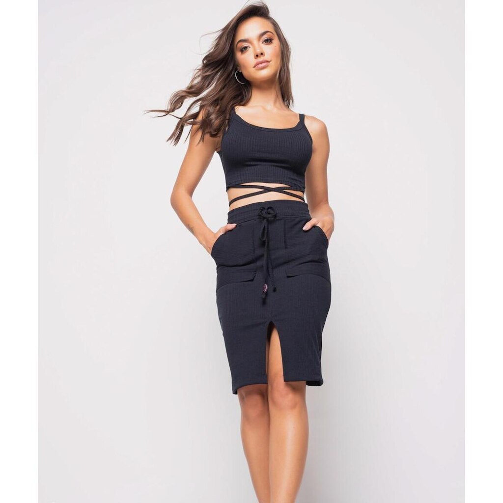 Saia Salvatore Fashion Midi Bolso Malha Canelada Feminina
