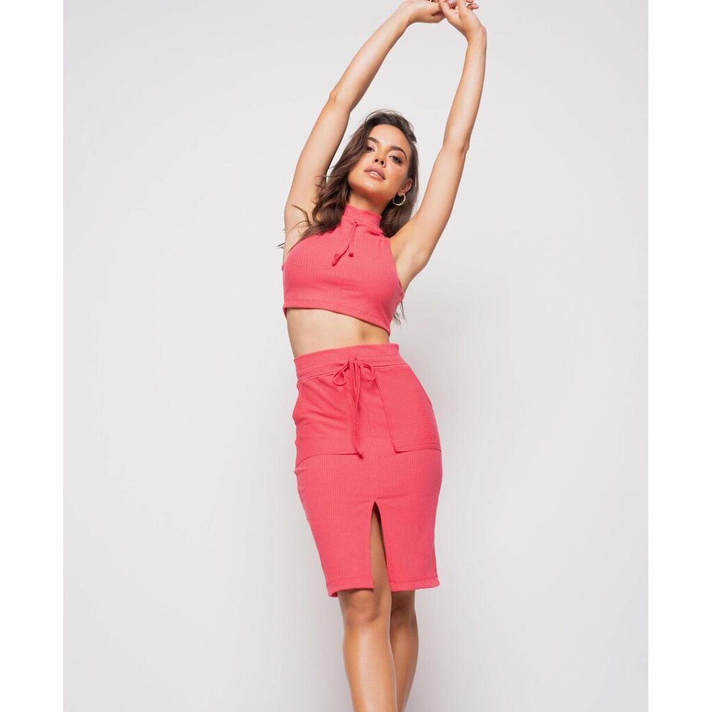 Saia Salvatore Fashion Midi Bolso Malha Canelada Feminina