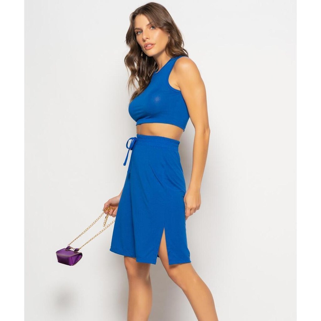 Saia Salvatore Fashion Midi Fenda Malha Feminina