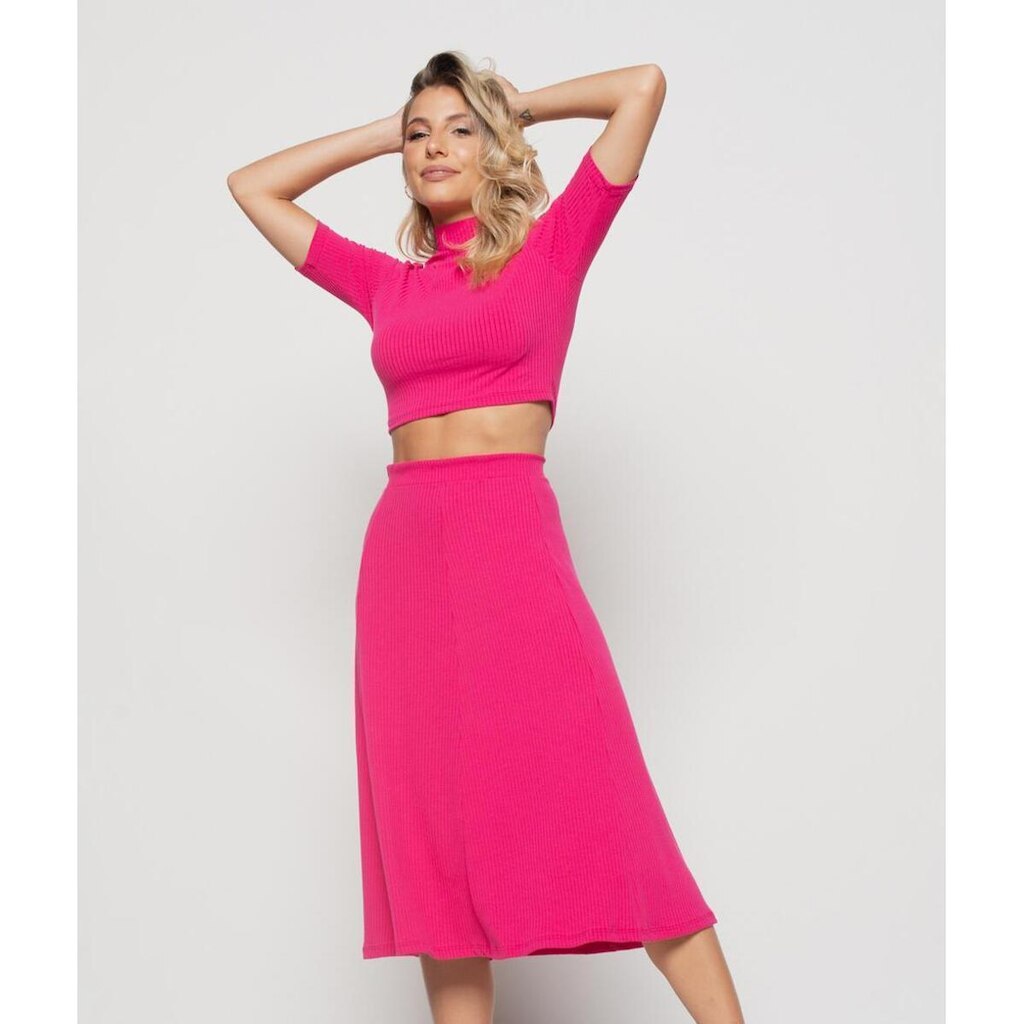 Saia Salvatore Fashion Midi Godê Canelada Feminina