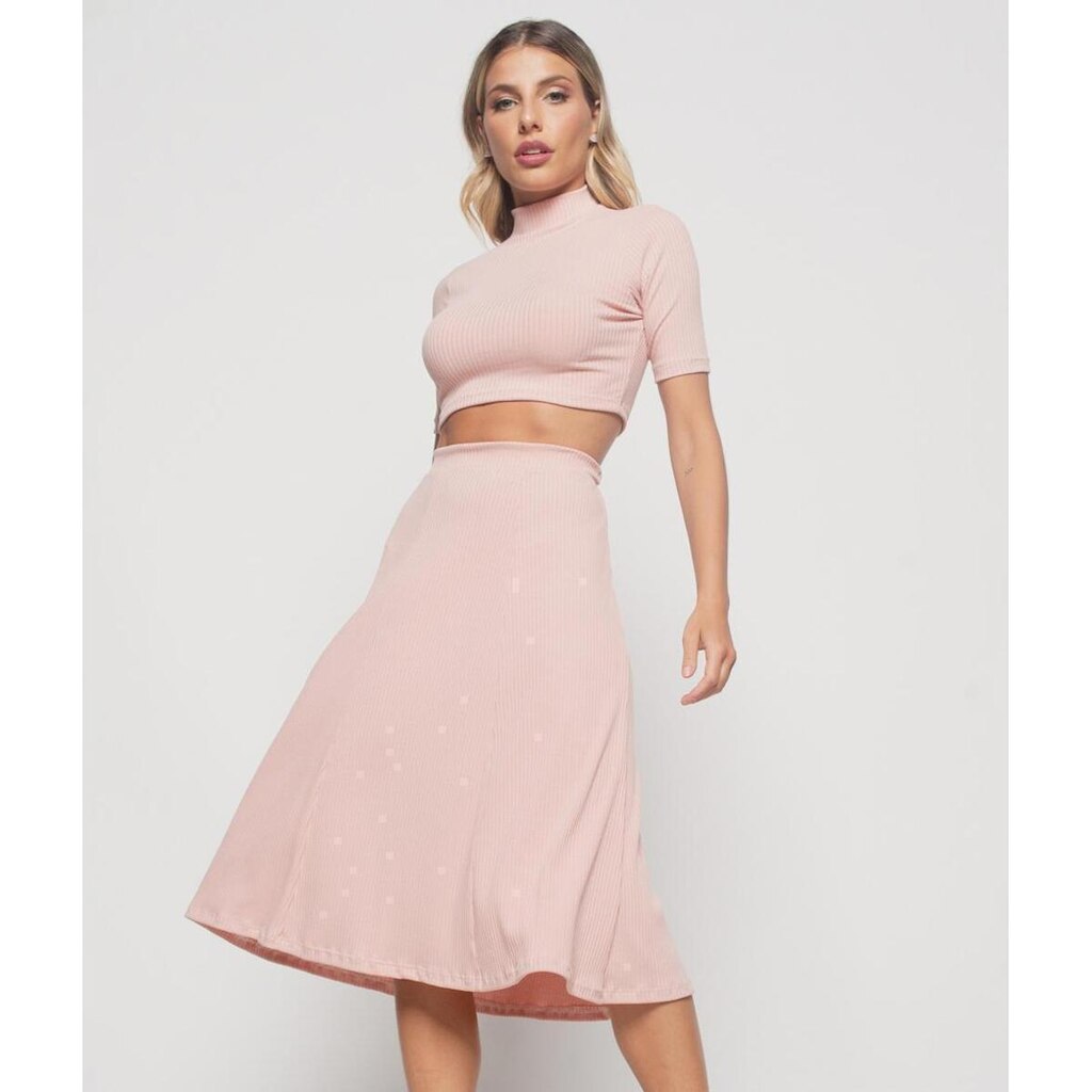 Saia Salvatore Fashion Midi Godê Canelada Feminina