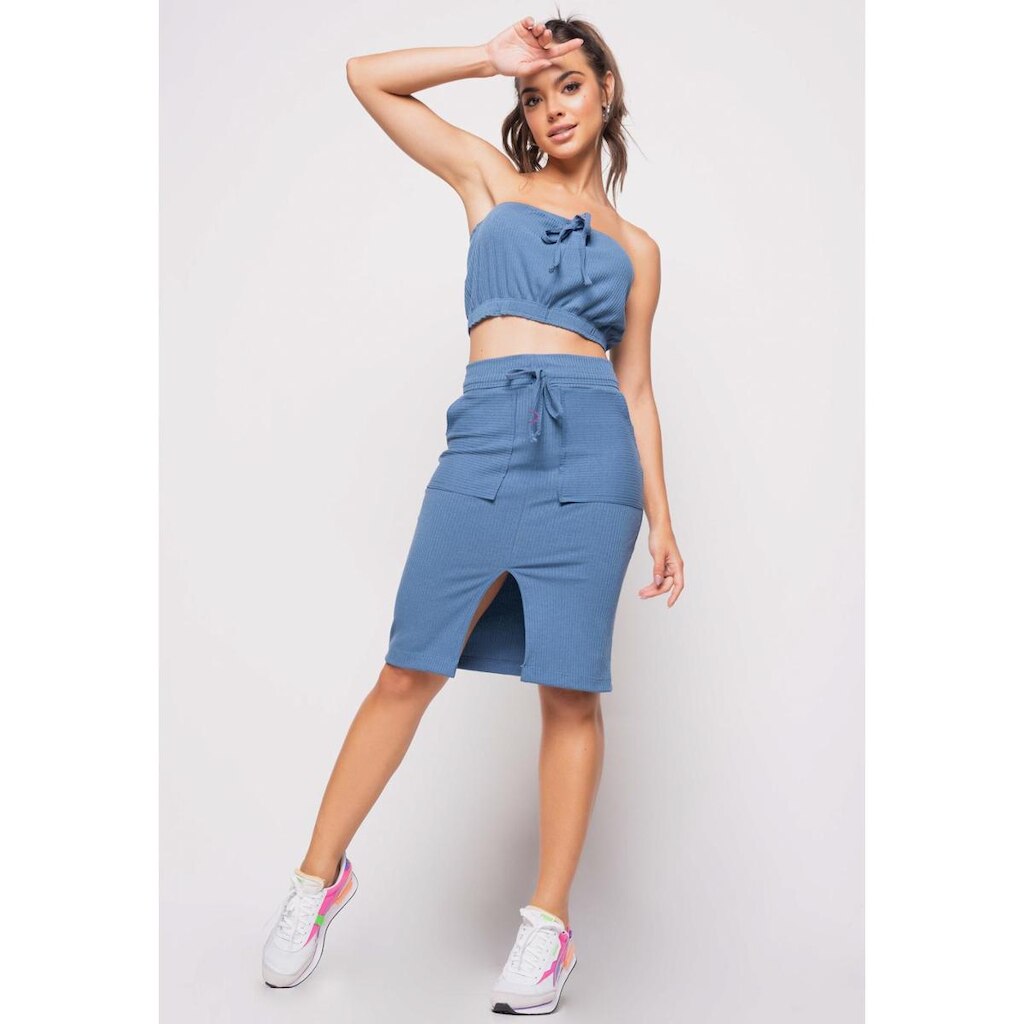 Saia Salvatore Midi Com Bolso Malha Canelada
