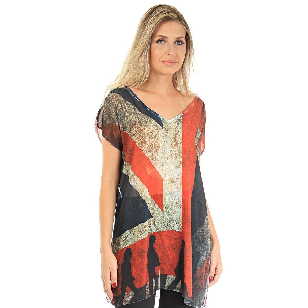 Saída Blusa Alongada Decote V com Fendas Laterais Crepe Semitransparente Estampa Exclusiva - Marinho+Vermelho Menor preço em Saída Blusa Alongada Decote V com Fendas Laterais Crepe Semitransparente Estampa Exclusiva - Marinho+Vermelho