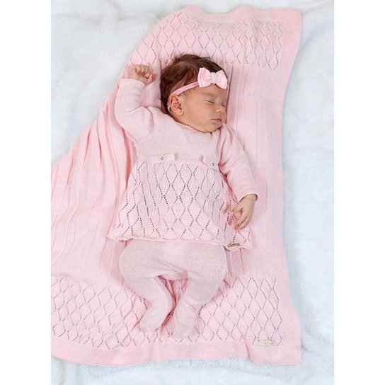 Saída de Maternidade Tricô Kids Texturizada Com Vestido Rosa