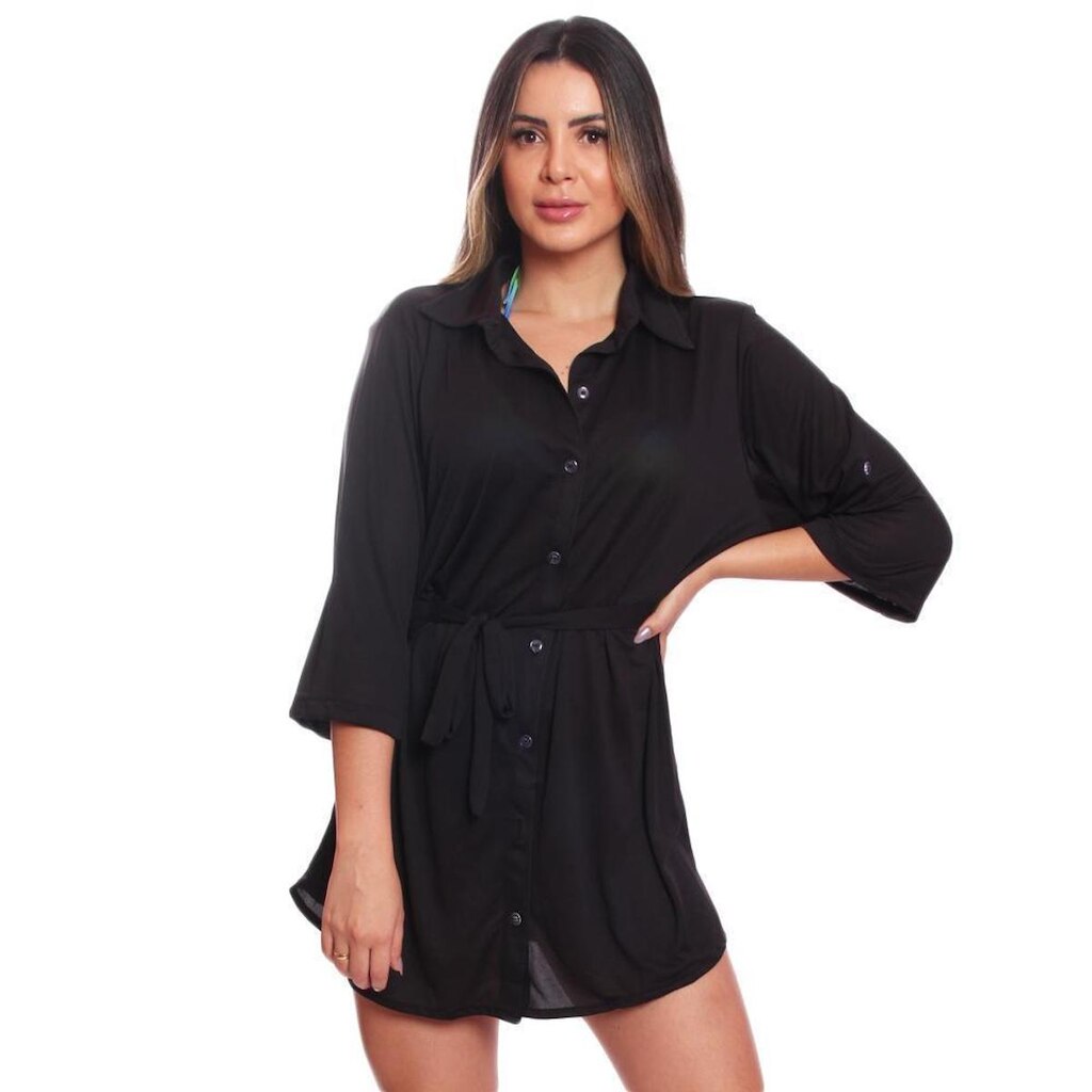 Saída de Praia Chemise Feminina Camisão com Botões e Faixa na Cintura Moda Praia Piscina Verão