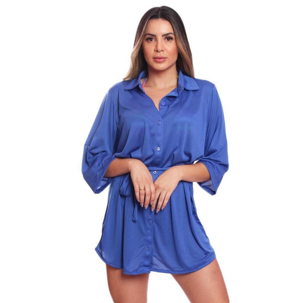 Saída de Praia Chemise Feminina Camisão com Botões e Faixa na Cintura Moda Praia Piscina Verão