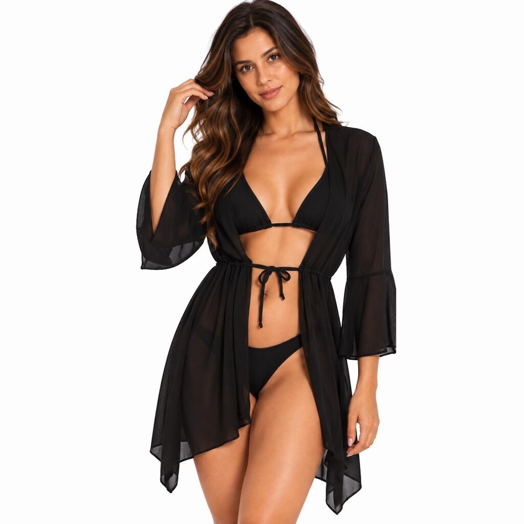 Saída de Praia Feminina Kimono Transparente Amarração