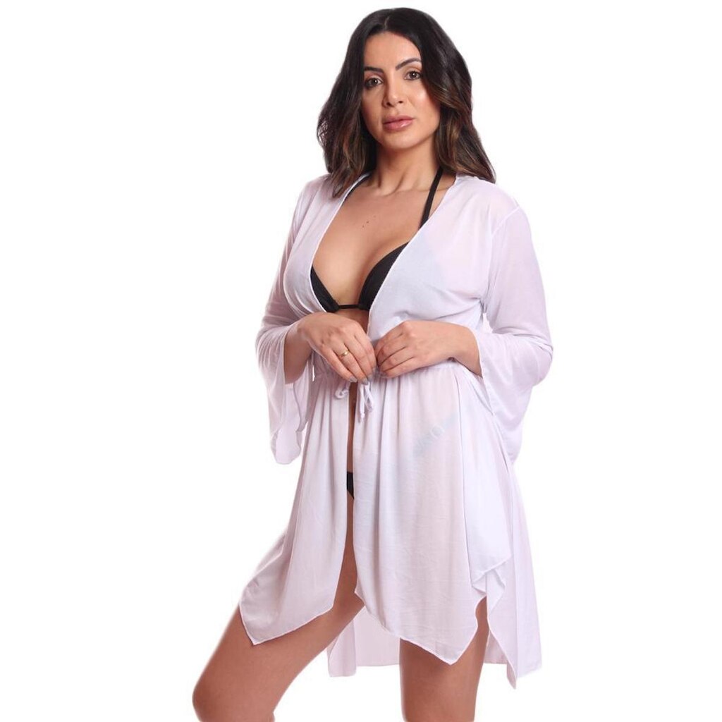 Saída de Praia Kimono Feminina de Ponta com Manga Flare e Faixa Moda Praia Piscina Verão Leve