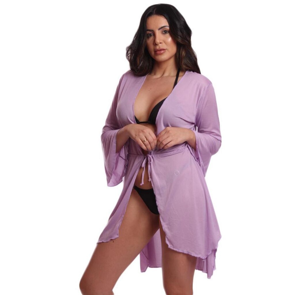 Saída de Praia Kimono Feminina de Ponta com Manga Flare e Faixa Moda Praia Piscina Verão Leve