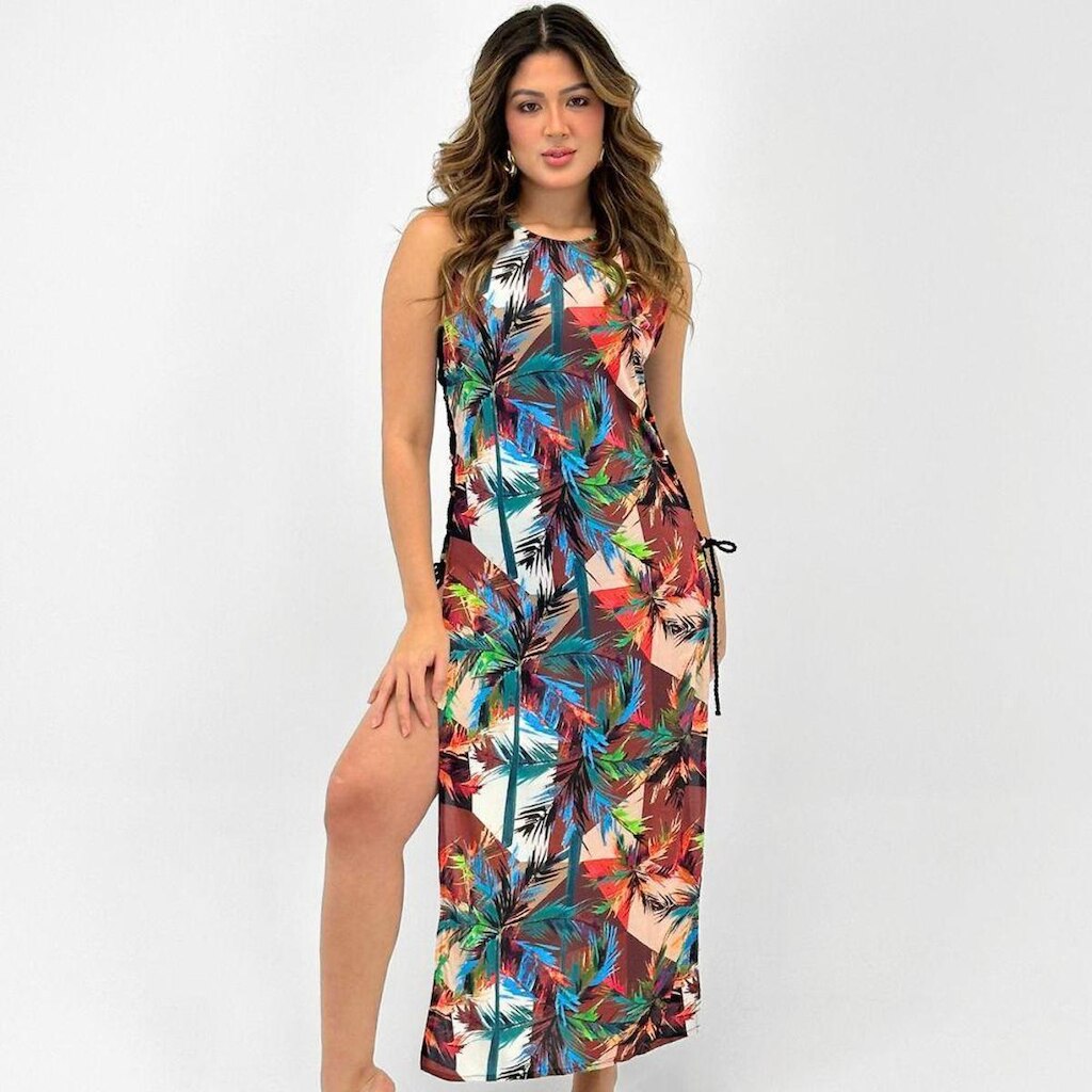 Saída de Praia Sol Pleno Vestido Midi Estampado Feminino